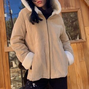 Cozy Vintage Sonoma Genuine Suede Fur Trim Winter Teddy Coat